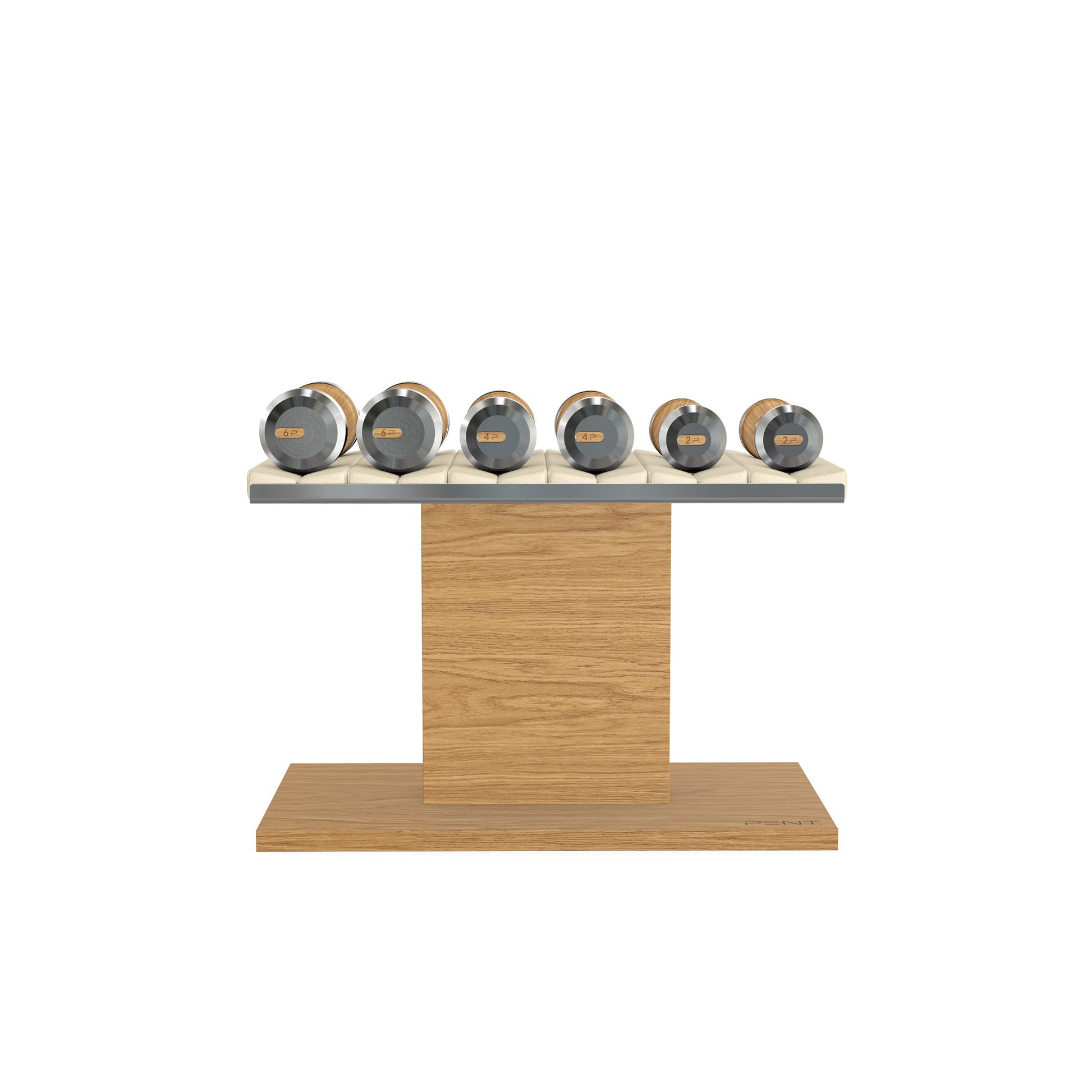 Luxury gym equipment, 3 pair of dumbbells on horizontal wooden stand, made with stainless steel, Italian beige leather and oak wood.