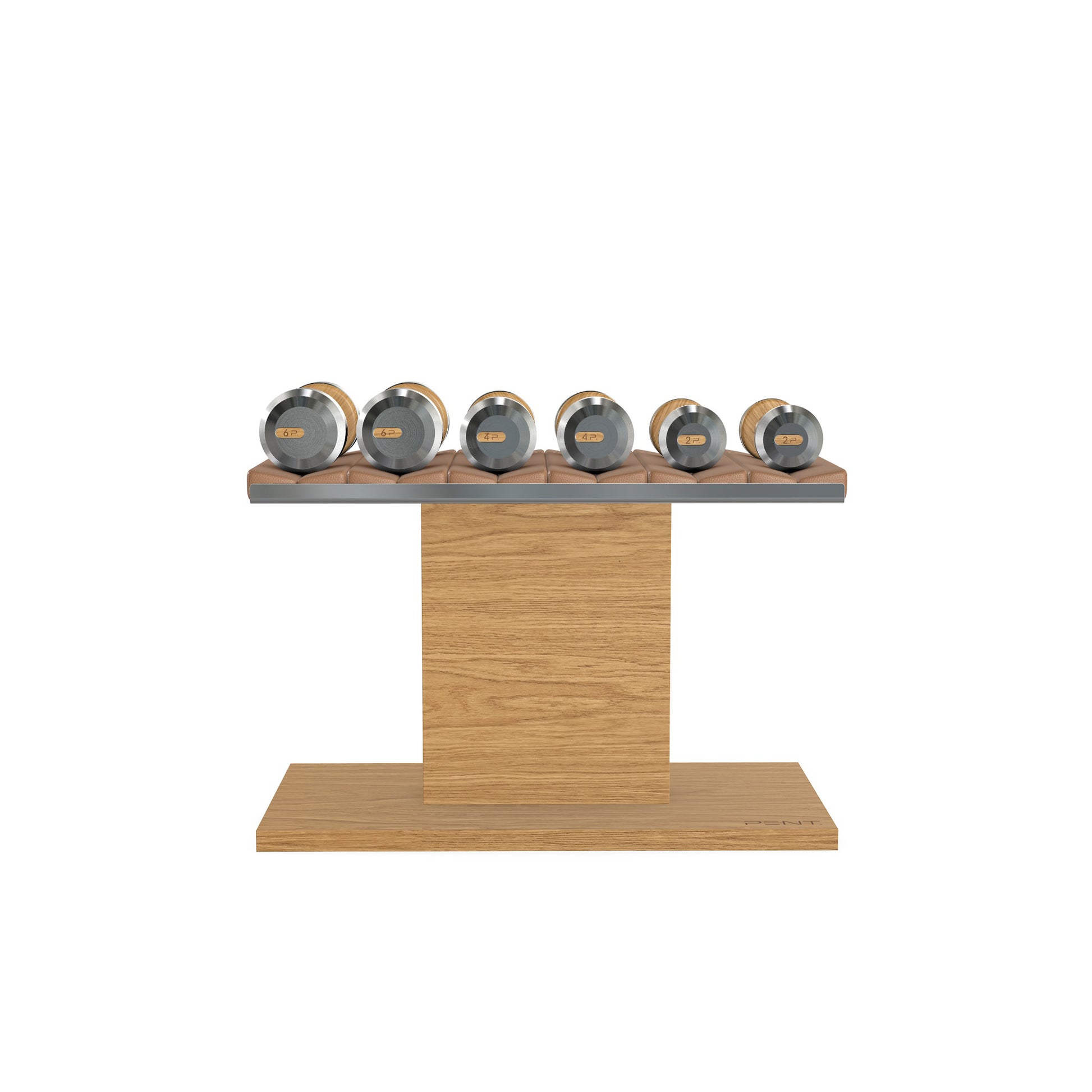 Luxury gym equipment, 3 pair of dumbbells on horizontal wooden stand, made with stainless steel, Italian brown leather and oak wood.