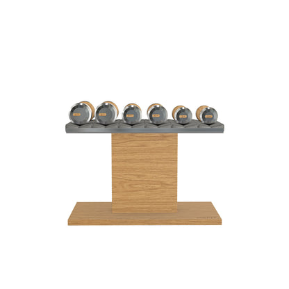 Luxury gym equipment, 3 pair of dumbbells on horizontal wooden stand, made with stainless steel, Italian grey leather and oak wood.