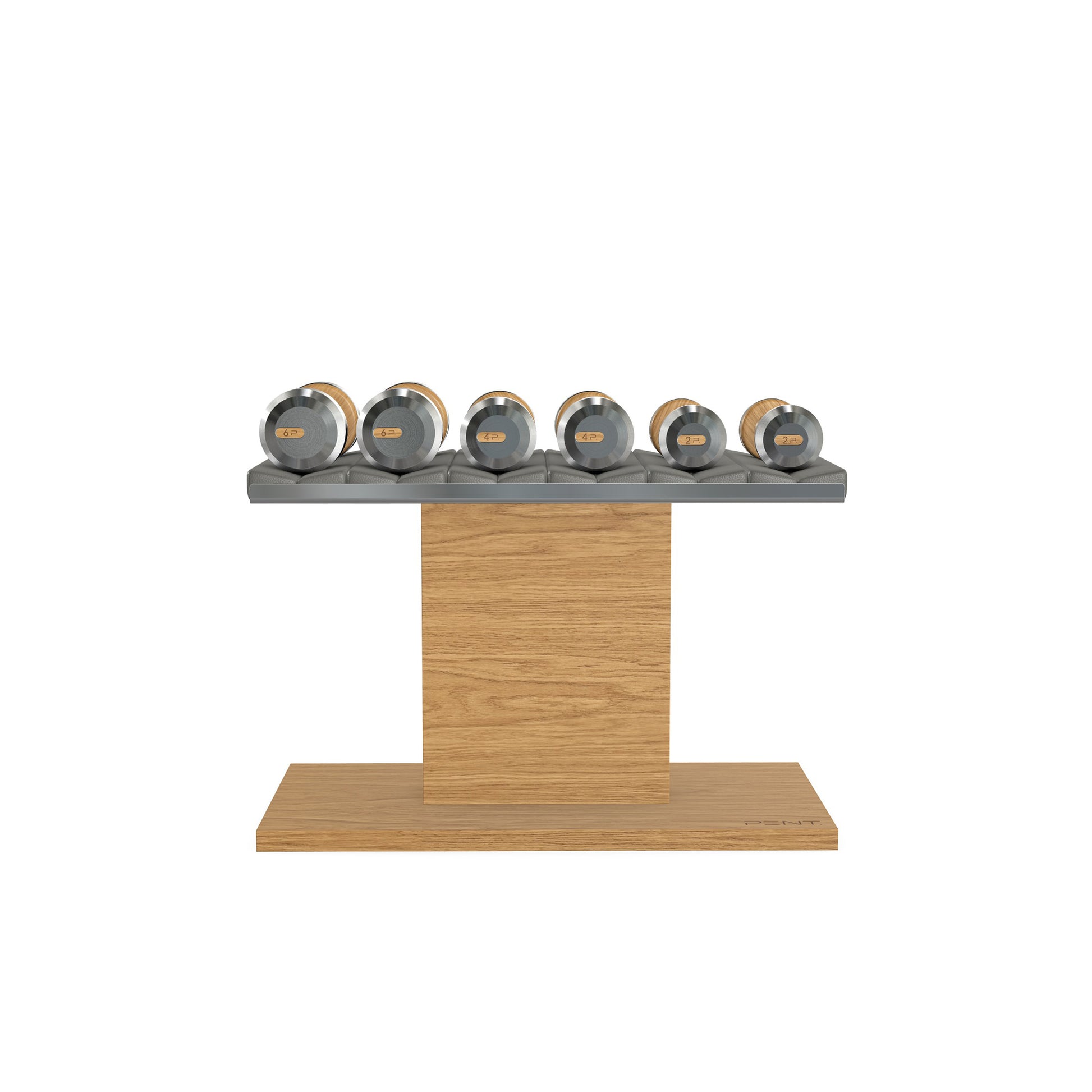 Luxury gym equipment, 3 pair of dumbbells on horizontal wooden stand, made with stainless steel, Italian grey leather and oak wood.