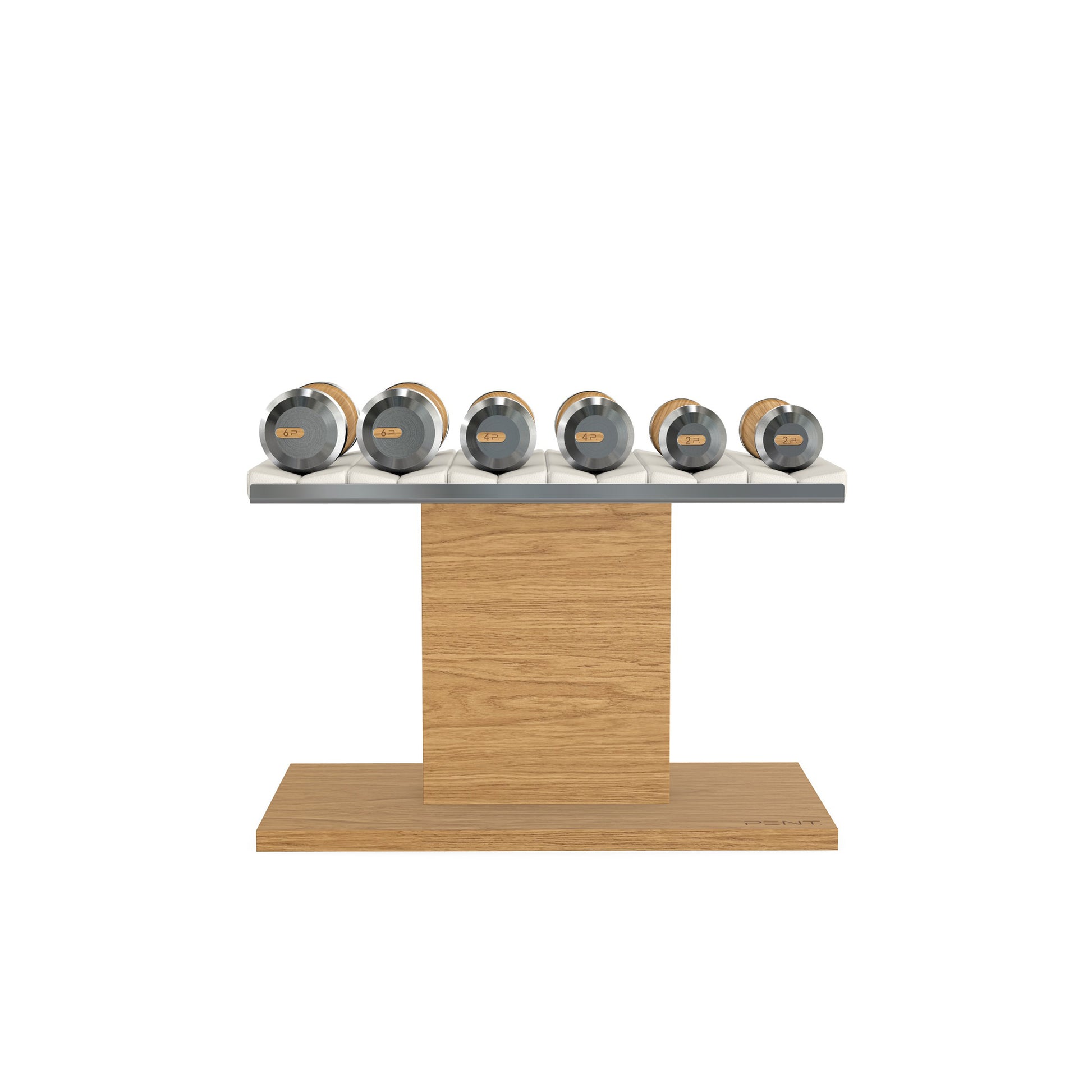 Luxury gym equipment, 3 pair of dumbbells on horizontal wooden stand, made with stainless steel, Italian white leather and oak wood.