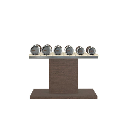 Luxury gym equipment, 3 pair of dumbbells on horizontal wooden stand, made with stainless steel, Italian beige leather and dark walnut wood.