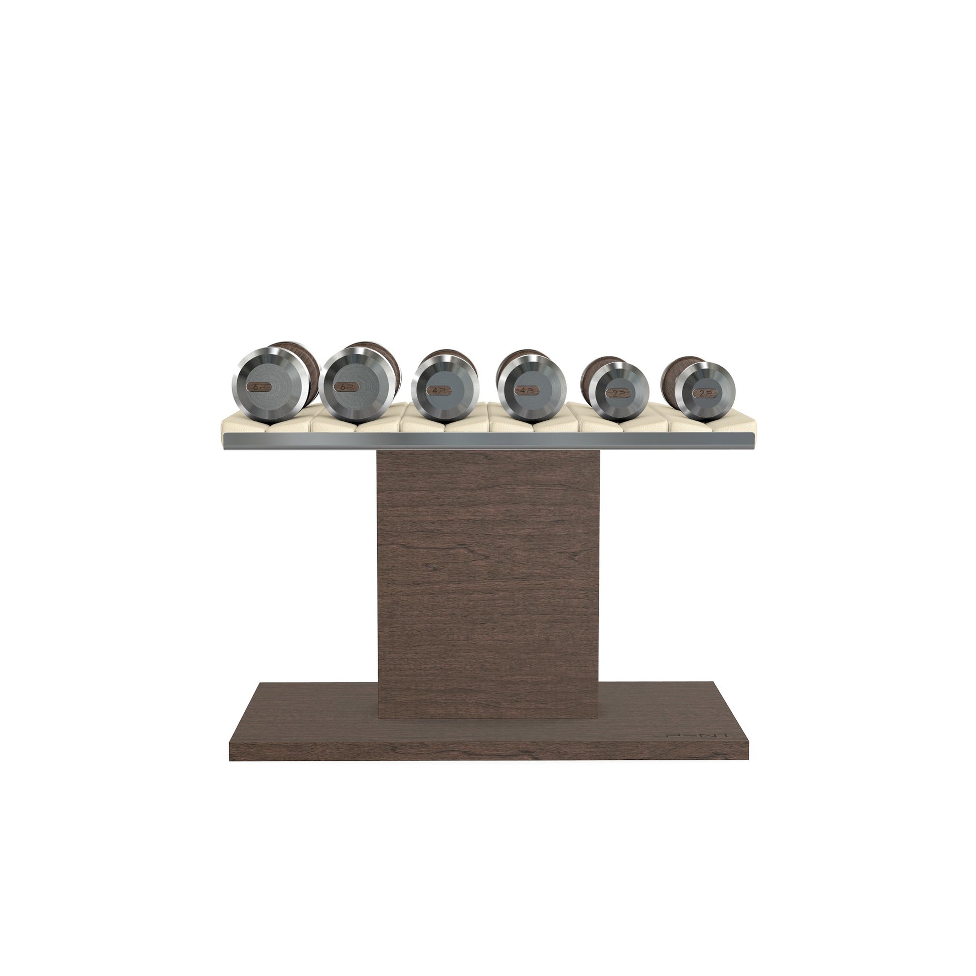 Luxury gym equipment, 3 pair of dumbbells on horizontal wooden stand, made with stainless steel, Italian beige leather and dark walnut wood.