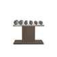 Luxury gym equipment, 3 pair of dumbbells on horizontal wooden stand, made with stainless steel, Italian beige leather and dark walnut wood.