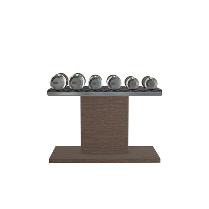 Luxury gym equipment, 3 pair of dumbbells on horizontal wooden stand, made with stainless steel, Italian black leather and dark walnut wood.
