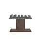Luxury gym equipment, 3 pair of dumbbells on horizontal wooden stand, made with stainless steel, Italian black leather and dark walnut wood.