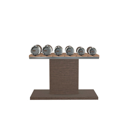 Luxury gym equipment, 3 pair of dumbbells on horizontal wooden stand, made with stainless steel, Italian brown leather and dark walnut wood.