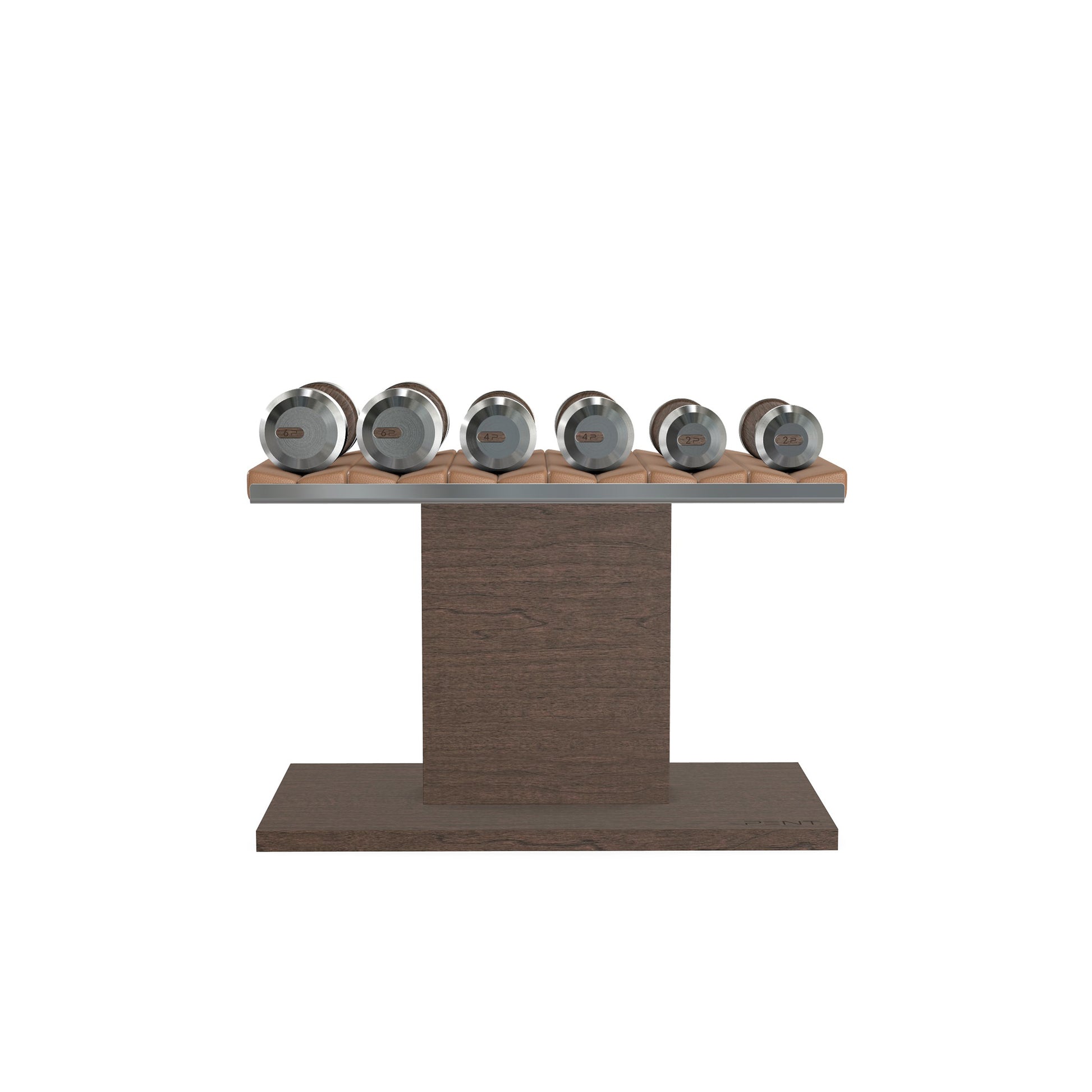 Luxury gym equipment, 3 pair of dumbbells on horizontal wooden stand, made with stainless steel, Italian brown leather and dark walnut wood.