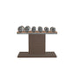 Luxury gym equipment, 3 pair of dumbbells on horizontal wooden stand, made with stainless steel, Italian brown leather and dark walnut wood.