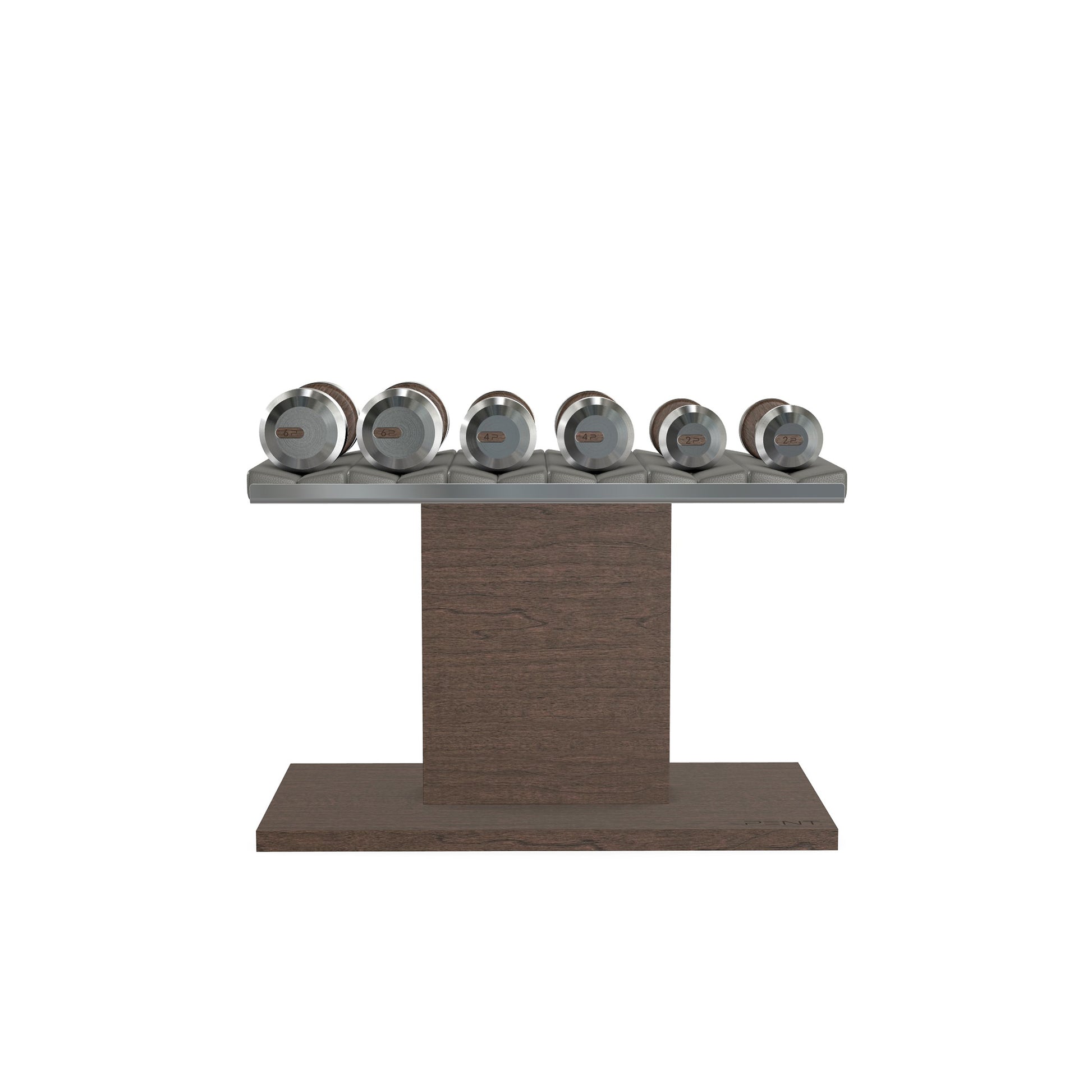 Luxury gym equipment, 3 pair of dumbbells on horizontal wooden stand, made with stainless steel, Italian grey leather and dark walnut wood.