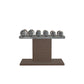 Luxury gym equipment, 3 pair of dumbbells on horizontal wooden stand, made with stainless steel, Italian grey leather and dark walnut wood.