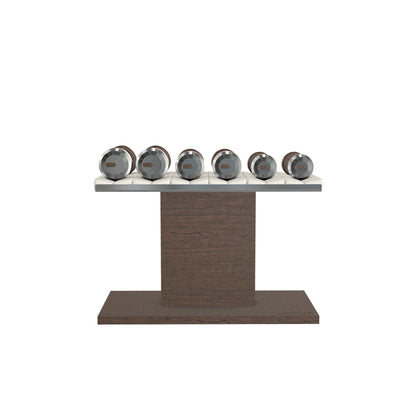 Luxury gym equipment, 3 pair of dumbbells on horizontal wooden stand, made with stainless steel, Italian white leather and dark walnut wood.