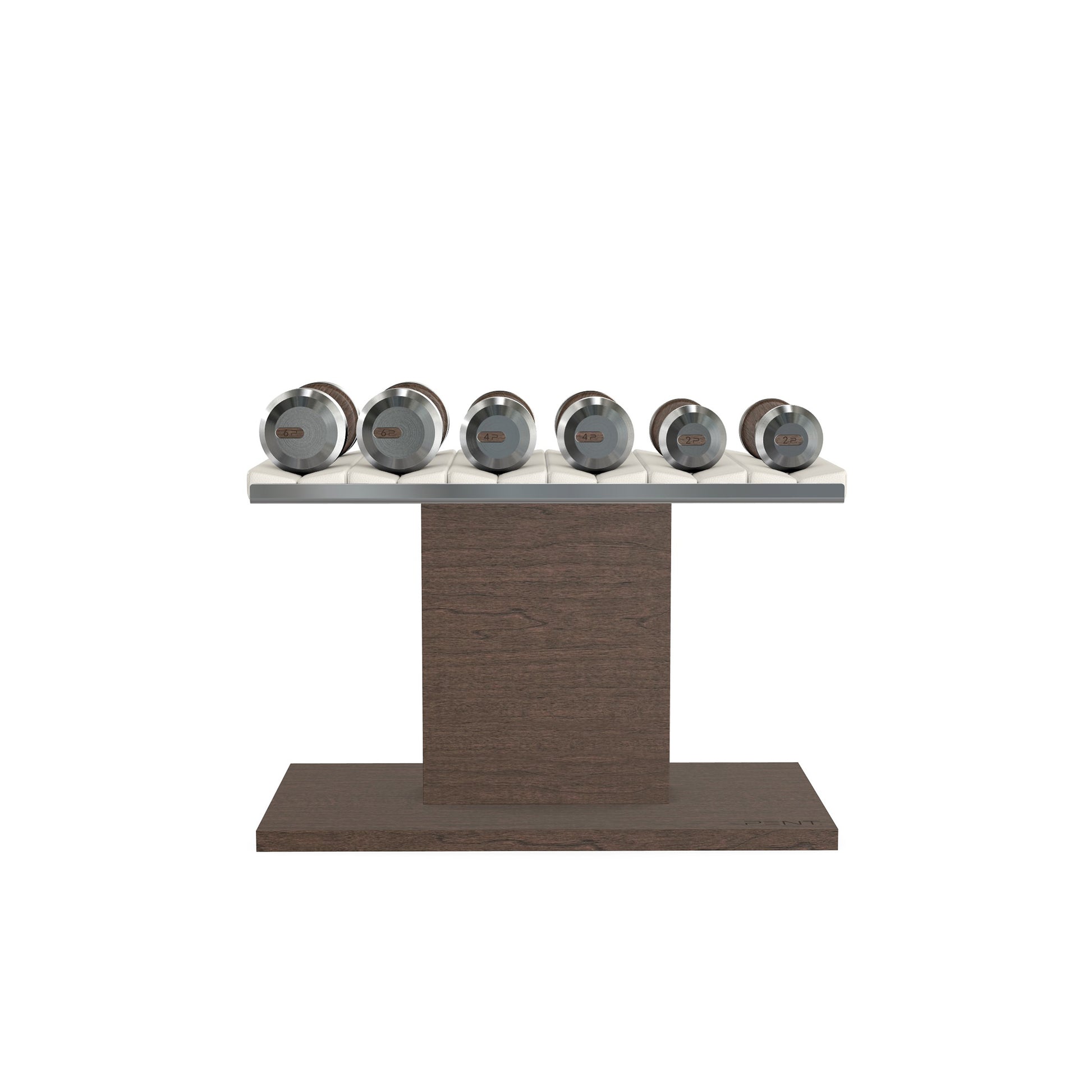 Luxury gym equipment, 3 pair of dumbbells on horizontal wooden stand, made with stainless steel, Italian white leather and dark walnut wood.