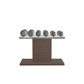 Luxury gym equipment, 3 pair of dumbbells on horizontal wooden stand, made with stainless steel, Italian white leather and dark walnut wood.