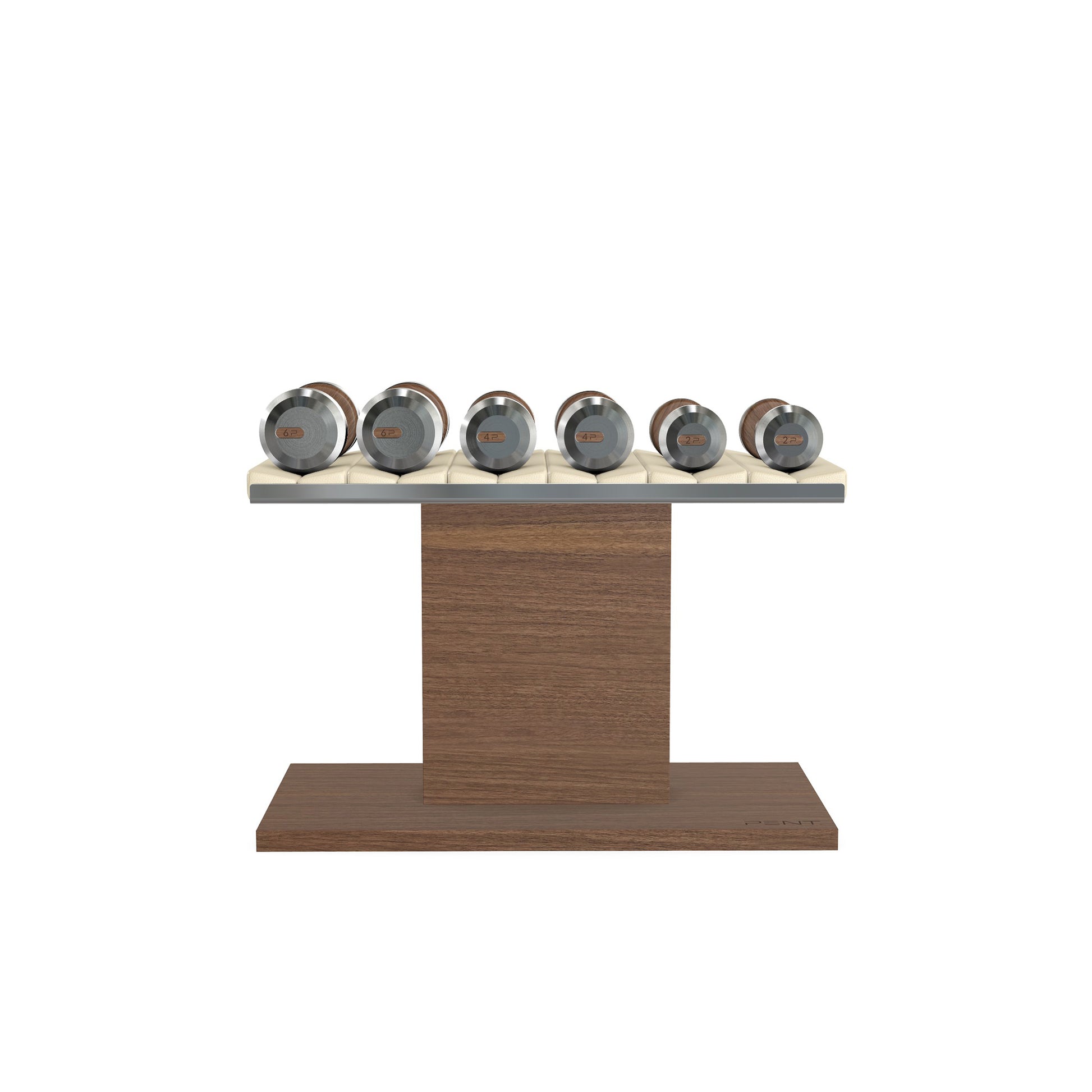 Luxury gym equipment, 3 pair of dumbbells on horizontal wooden stand, made with stainless steel, Italian beige leather and natural walnut wood.