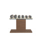 Luxury gym equipment, 3 pair of dumbbells on horizontal wooden stand, made with stainless steel, Italian beige leather and natural walnut wood.