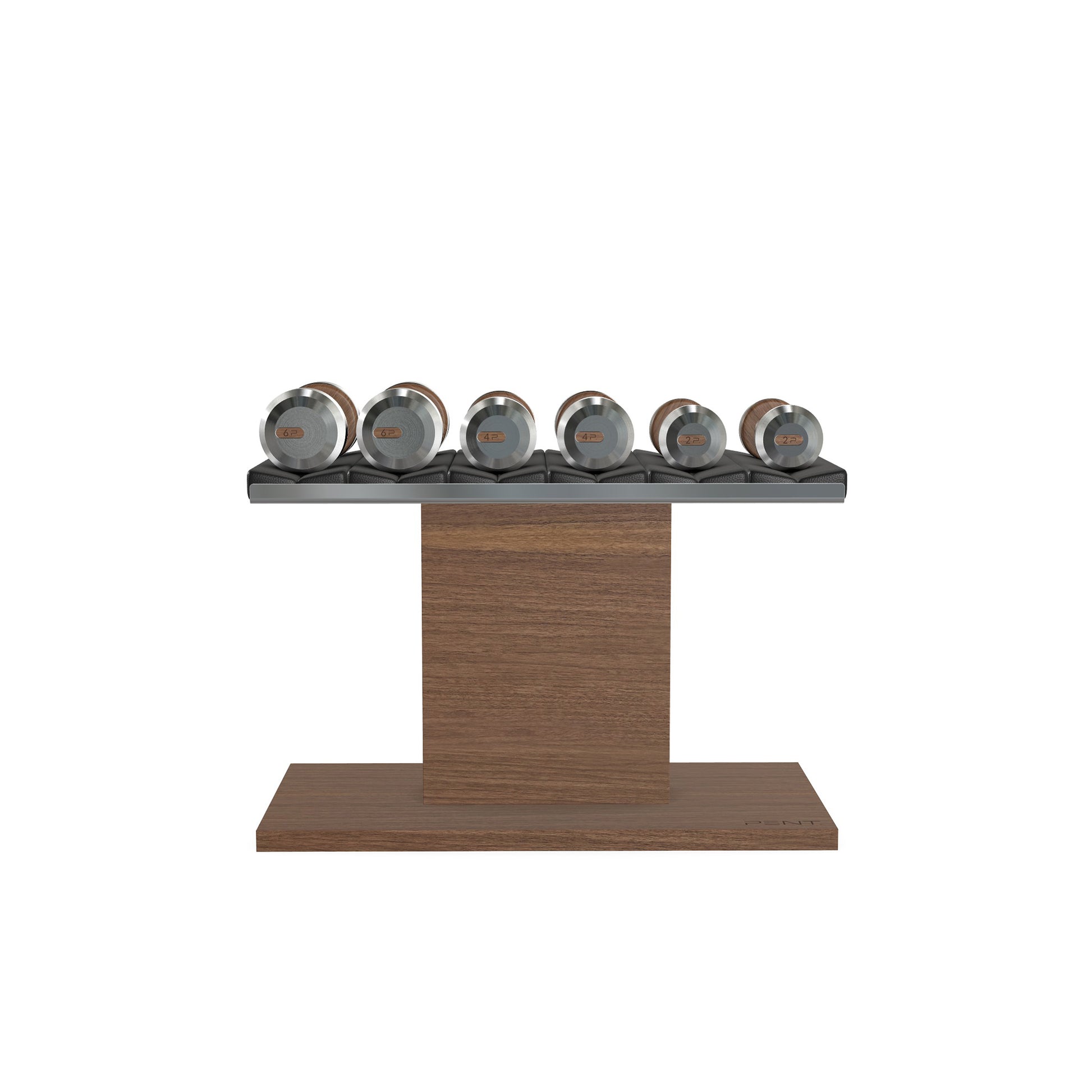 Luxury gym equipment, 3 pair of dumbbells on horizontal wooden stand, made with stainless steel, Italian black leather and natural walnut wood.