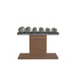 Luxury gym equipment, 3 pair of dumbbells on horizontal wooden stand, made with stainless steel, Italian black leather and natural walnut wood.