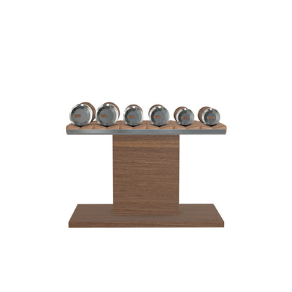 Luxury gym equipment, 3 pair of dumbbells on horizontal wooden stand, made with stainless steel, Italian brown leather and natural walnut wood.