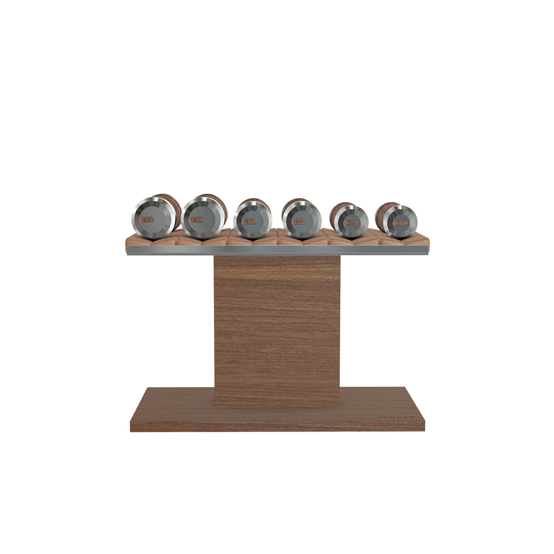 Luxury gym equipment, 3 pair of dumbbells on horizontal wooden stand, made with stainless steel, Italian brown leather and natural walnut wood.