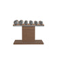 Luxury gym equipment, 3 pair of dumbbells on horizontal wooden stand, made with stainless steel, Italian brown leather and natural walnut wood.