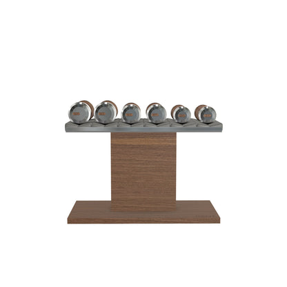 Luxury gym equipment, 3 pair of dumbbells on horizontal wooden stand, made with stainless steel, Italian grey leather and natural walnut wood.