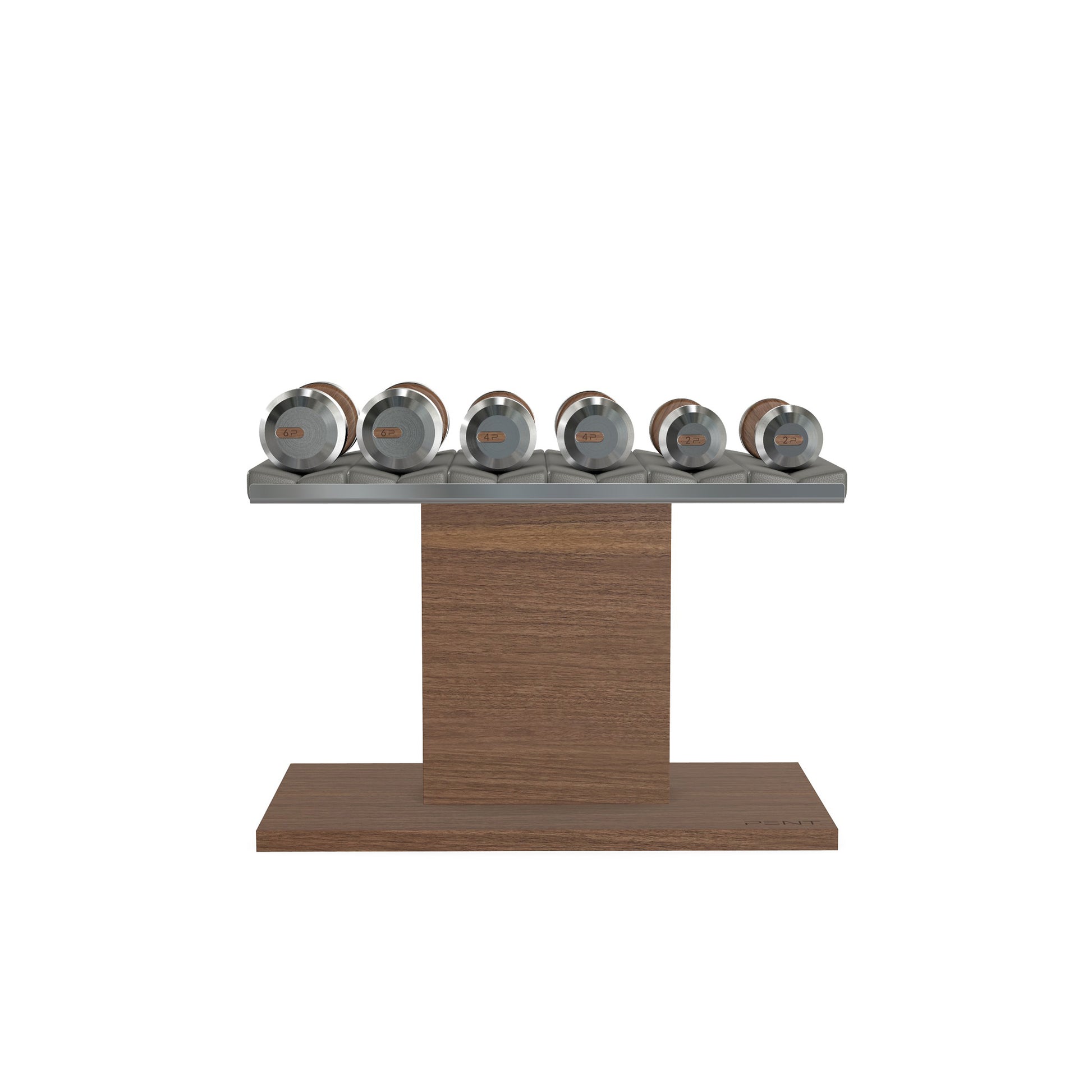 Luxury gym equipment, 3 pair of dumbbells on horizontal wooden stand, made with stainless steel, Italian grey leather and natural walnut wood.