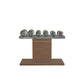 Luxury gym equipment, 3 pair of dumbbells on horizontal wooden stand, made with stainless steel, Italian grey leather and natural walnut wood.