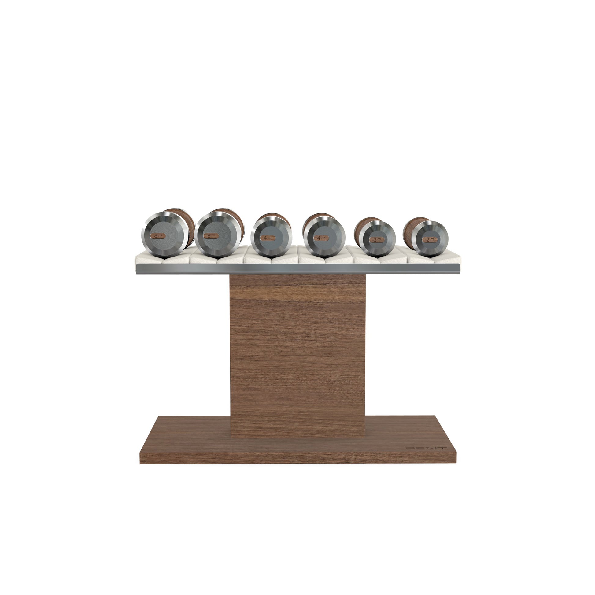 Luxury gym equipment, 3 pair of dumbbells on horizontal wooden stand, made with stainless steel, Italian white leather and natural walnut wood.