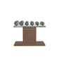 Luxury gym equipment, 3 pair of dumbbells on horizontal wooden stand, made with stainless steel, Italian white leather and natural walnut wood.