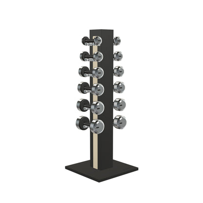 Luxury gym equipment, 6 pair of dumbbells on vertical wooden stand, made with stainless steel, Italian beige leather and black ash wood.