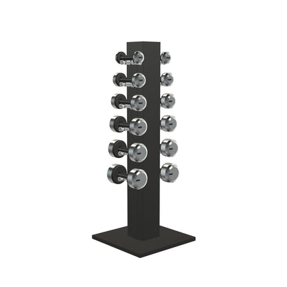 Luxury gym equipment, 6 pair of dumbbells on vertical wooden stand, made with stainless steel, Italian black leather and black ash wood.
