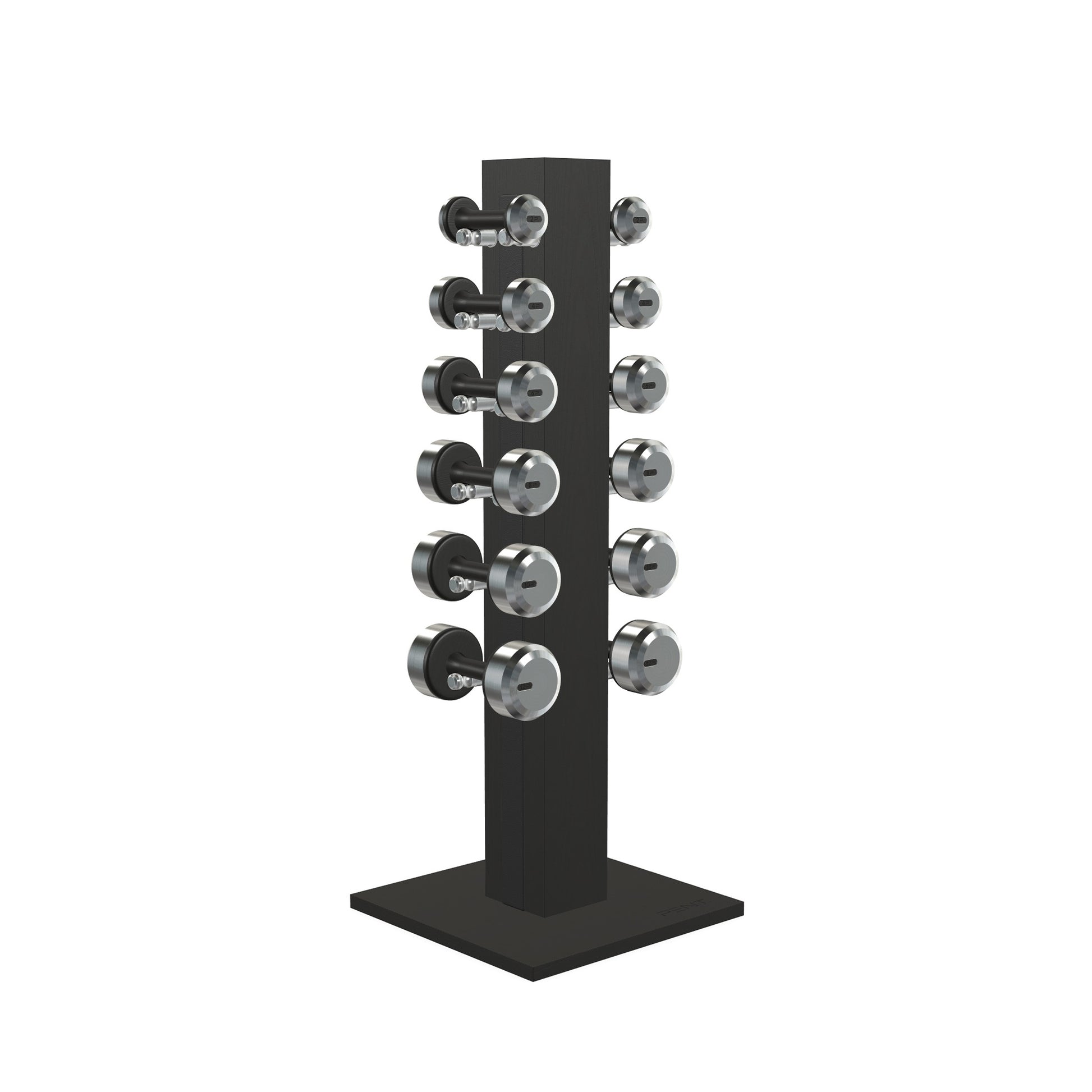 Luxury gym equipment, 6 pair of dumbbells on vertical wooden stand, made with stainless steel, Italian black leather and black ash wood.