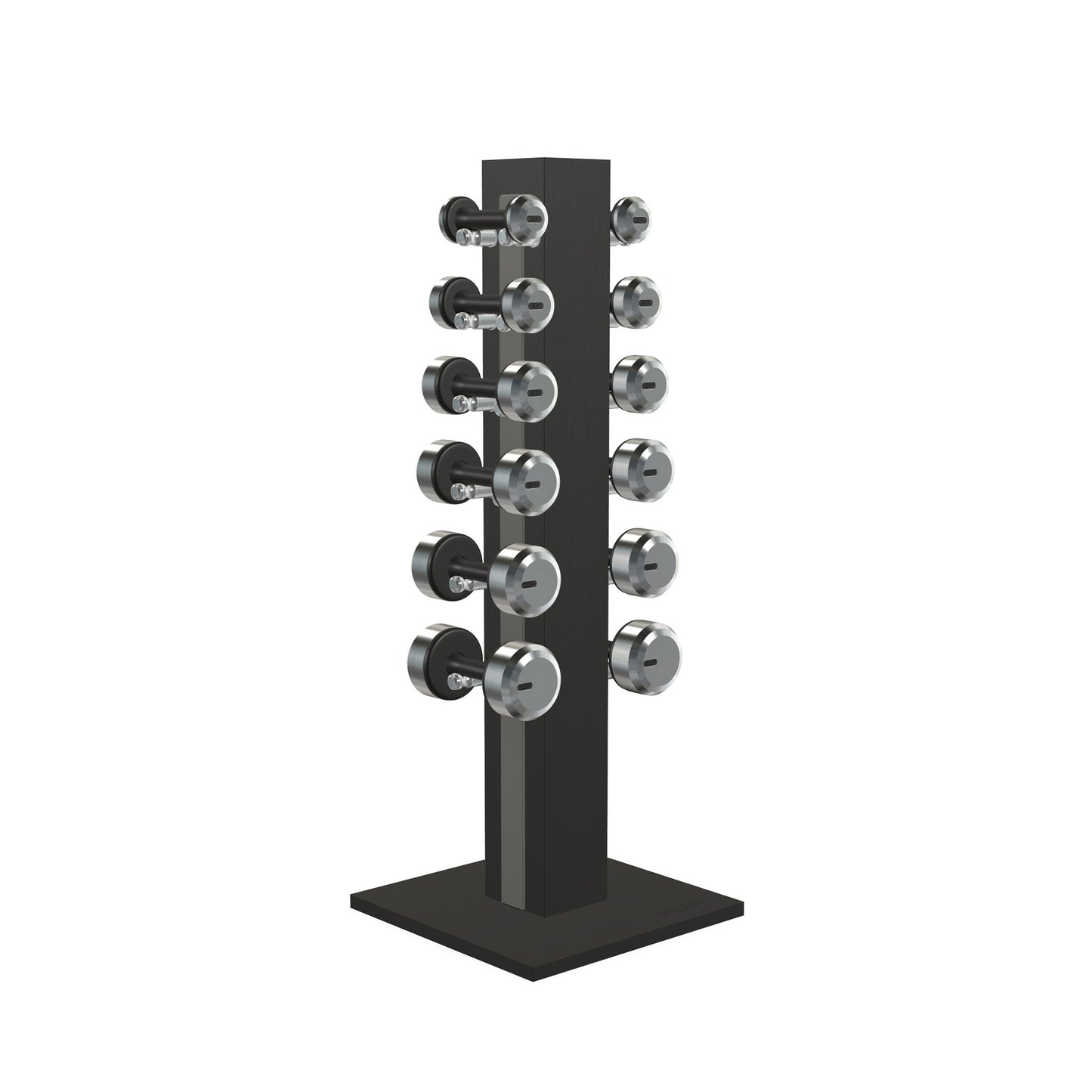 Luxury gym equipment, 6 pair of dumbbells on vertical wooden stand, made with stainless steel, Italian grey leather and black ash wood.