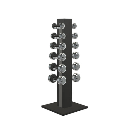 Luxury gym equipment, 6 pair of dumbbells on vertical wooden stand, made with stainless steel, Italian grey leather and black ash wood.