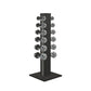 Luxury gym equipment, 6 pair of dumbbells on vertical wooden stand, made with stainless steel, Italian grey leather and black ash wood.