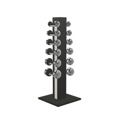 Luxury gym equipment, 6 pair of dumbbells on vertical wooden stand, made with stainless steel, Italian white leather and black ash wood.