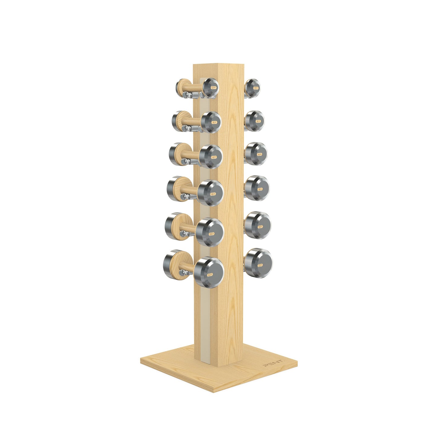 Luxury gym equipment, 6 pair of dumbbells on vertical wooden stand, made with stainless steel, Italian beige leather and natural ash wood.