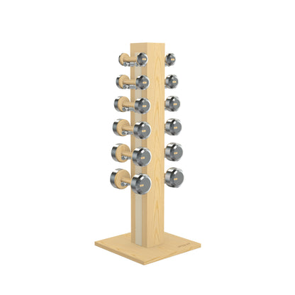 Luxury gym equipment, 6 pair of dumbbells on vertical wooden stand, made with stainless steel, Italian beige leather and natural ash wood.