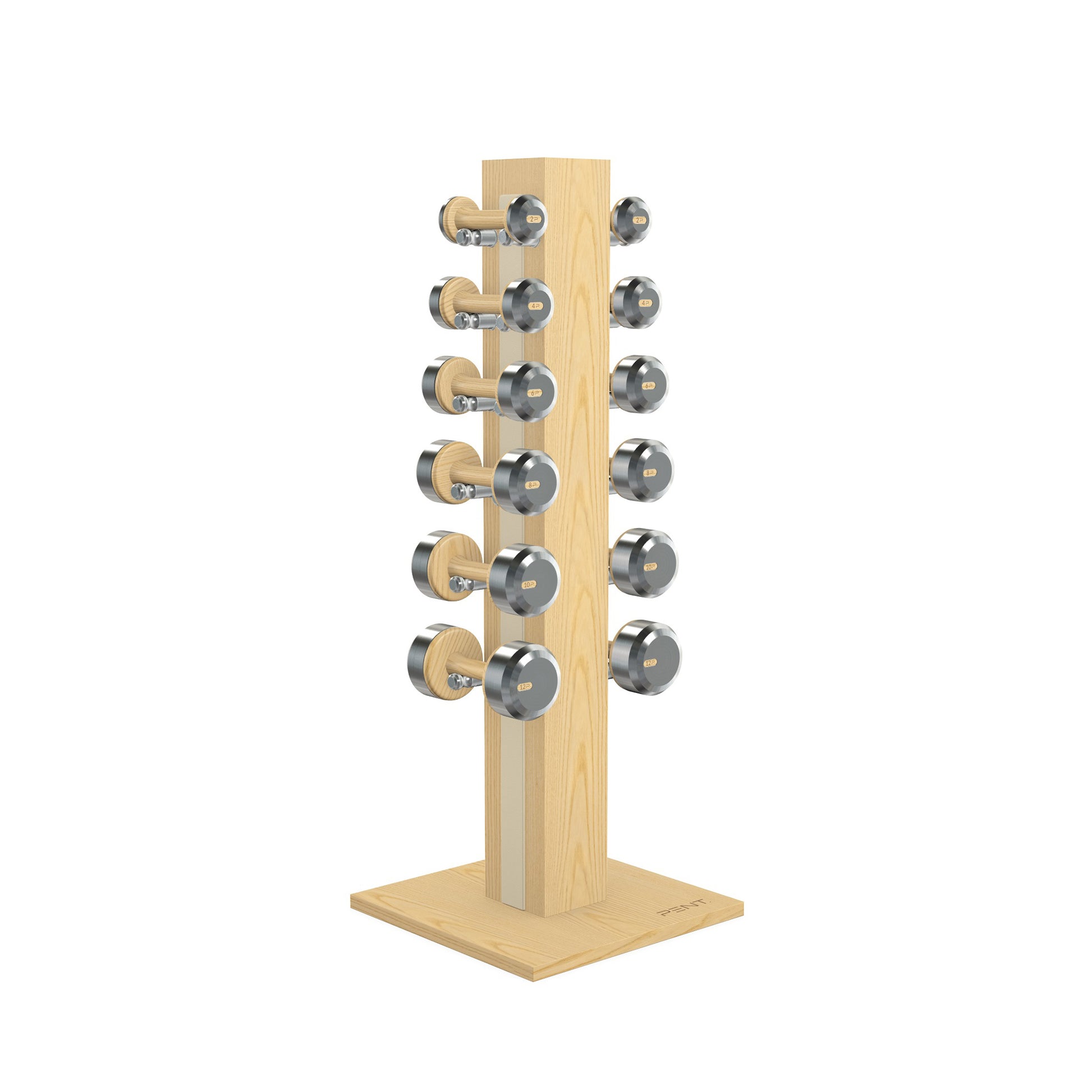 Luxury gym equipment, 6 pair of dumbbells on vertical wooden stand, made with stainless steel, Italian beige leather and natural ash wood.