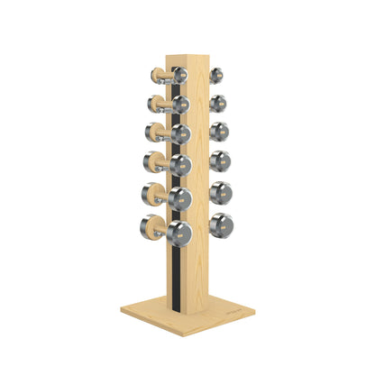 Luxury gym equipment, 6 pair of dumbbells on vertical wooden stand, made with stainless steel, Italian black leather and natural ash wood.