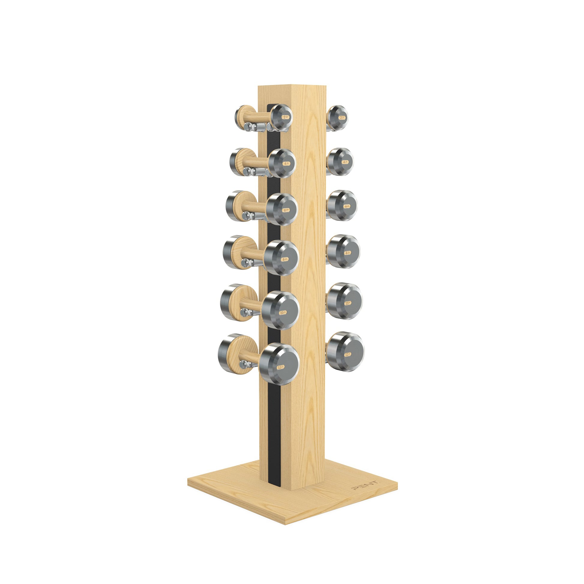 Luxury gym equipment, 6 pair of dumbbells on vertical wooden stand, made with stainless steel, Italian black leather and natural ash wood.