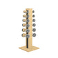 Luxury gym equipment, 6 pair of dumbbells on vertical wooden stand, made with stainless steel, Italian black leather and natural ash wood.