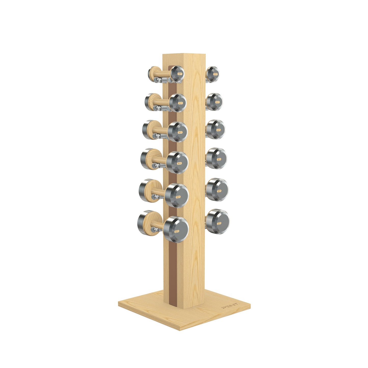 Luxury gym equipment, 6 pair of dumbbells on vertical wooden stand, made with stainless steel, Italian brown leather and natural ash wood.