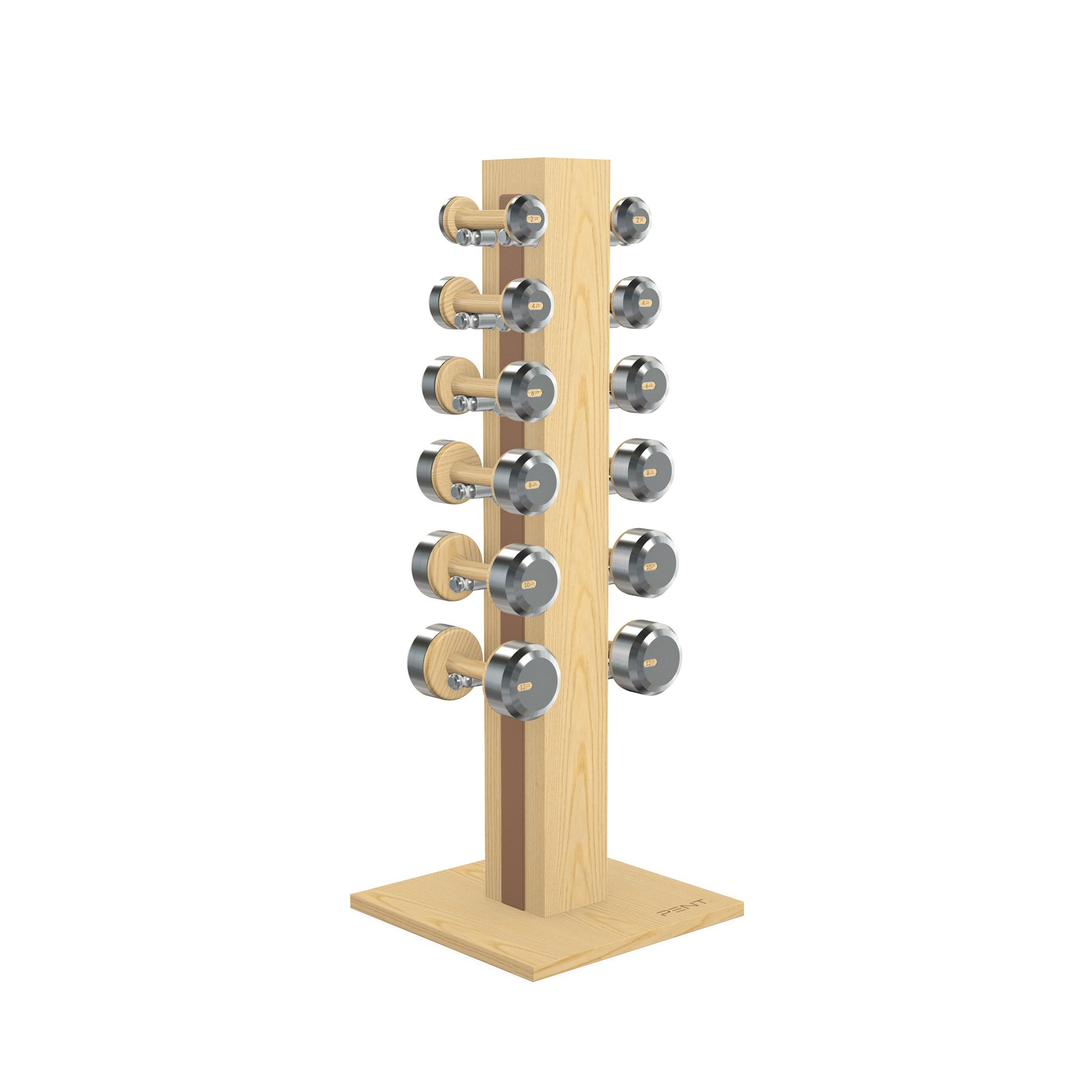 Luxury gym equipment, 6 pair of dumbbells on vertical wooden stand, made with stainless steel, Italian brown leather and natural ash wood.
