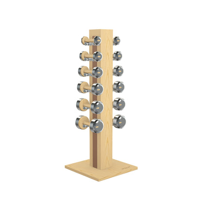 Luxury gym equipment, 6 pair of dumbbells on vertical wooden stand, made with stainless steel, Italian brown leather and natural ash wood.