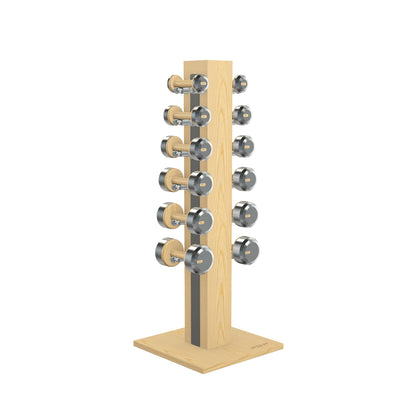 Luxury gym equipment, 6 pair of dumbbells on vertical wooden stand, made with stainless steel, Italian grey leather and natural ash wood.