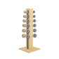 Luxury gym equipment, 6 pair of dumbbells on vertical wooden stand, made with stainless steel, Italian grey leather and natural ash wood.