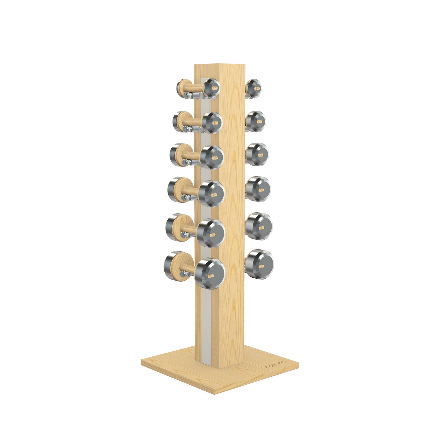 Luxury gym equipment, 6 pair of dumbbells on vertical wooden stand, made with stainless steel, Italian white leather and natural ash wood.