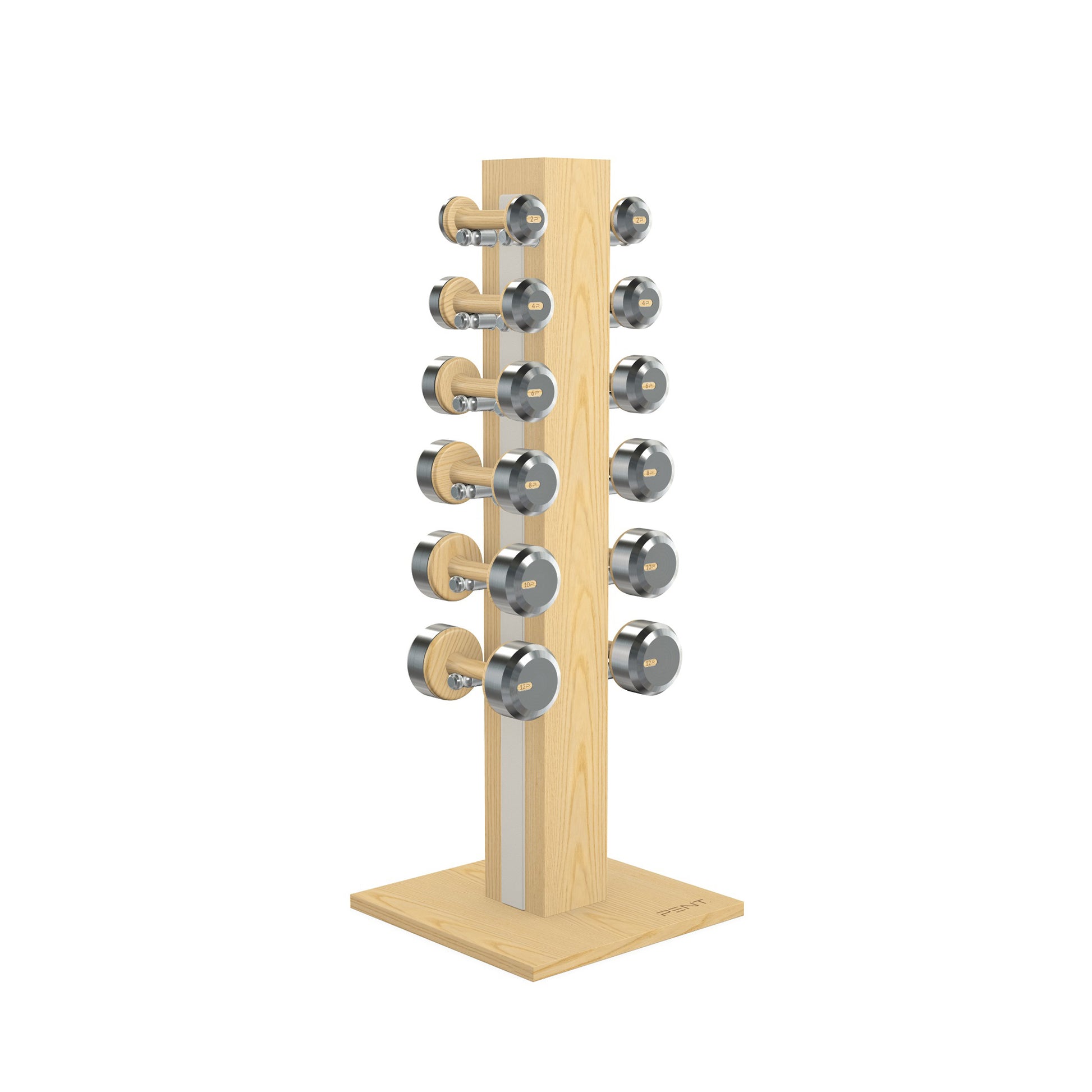 Luxury gym equipment, 6 pair of dumbbells on vertical wooden stand, made with stainless steel, Italian white leather and natural ash wood.